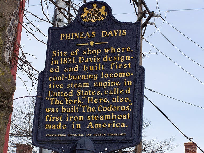 Historical marker, near location of the shop where Phineas Davis built the York locomotive, 1831, and the first Atlantic locomotive, 1832, York, Penn. (hmdb.og)