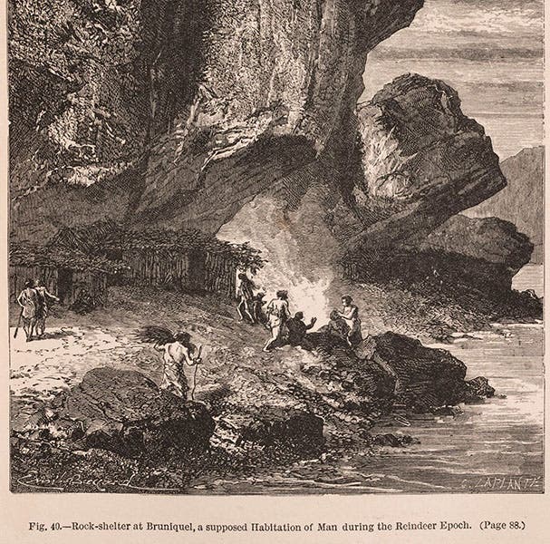 A rock shelter at Bruniquel, detail of wood engraving after drawing by Émile Bayard, in Primitive Man, by Louis Figuier, 1870 (Linda Hall Library)