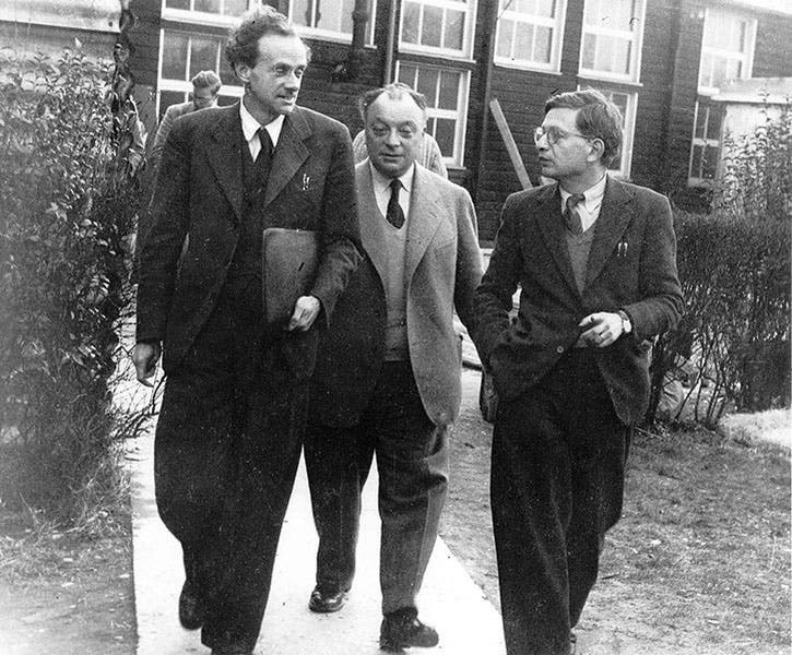 Paul Dirac (left), Wolfgang Pauli, and Rudolph Peierls (right), ca 1953 (Wikimedia commons)