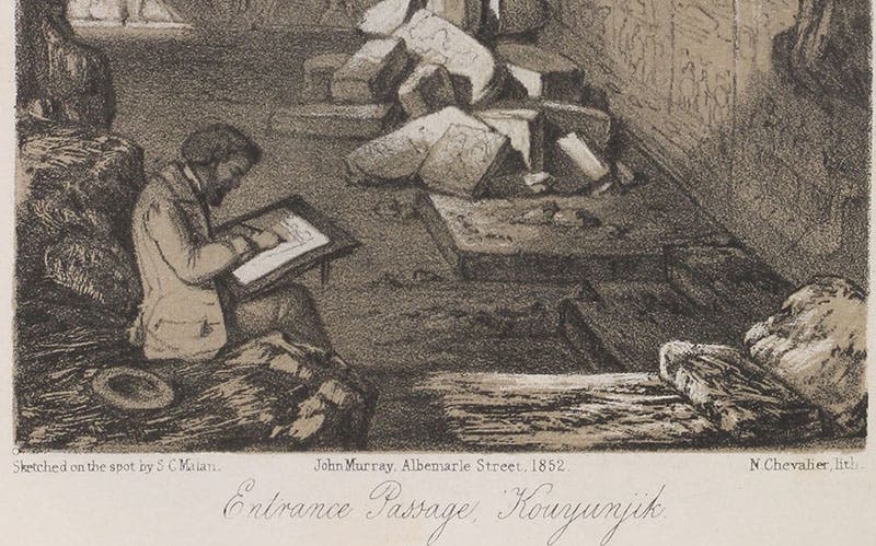 Detail of first image, showing Nicholas Chevalier’s signature at bottom right, Discoveries in the Ruins of Nineveh and Babylon, by Austen Henry Layard, 1853 (Linda Hall Library)