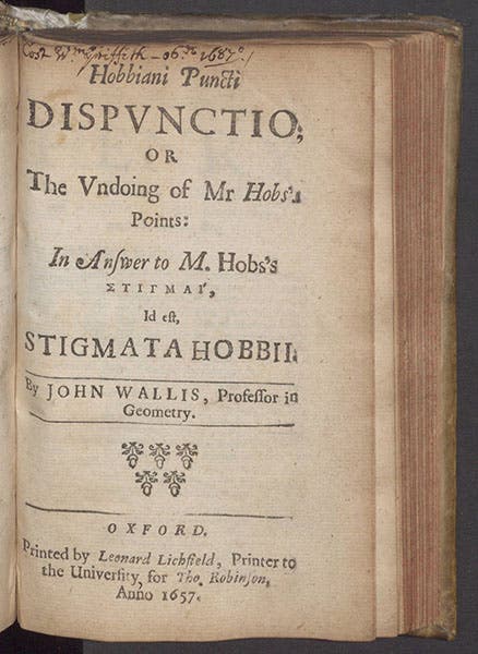 Title page of John Wallis’s third treatise attacking Thomas Hobbes, Hobbiani puncti dispunctio, 1656 (Linda Hall Library)