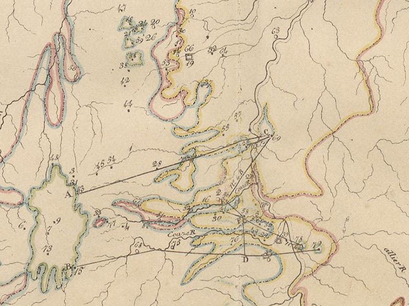Detail of sixth image, showing locations of Puy-de-Dôme (top, no. 34) and Perdines and Perrier (bottom right, nos 58 and 60), with lines indicating the locations of sections (Linda Hall Library)