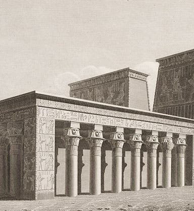 The Temple of the West at Philae, restored on paper, engraving after drawing by Jean-Baptiste Prosper Jollois and Edouard Devilliers du Terrage Description de l’Égypte, Antiquités, vol. 1, 1809 (Linda Hall Library)