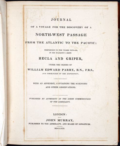 Title page, Journal of a Voyage for the Discovery of a North-West Passage, by William Edward Parry, 1821 (Linda Hall Library)