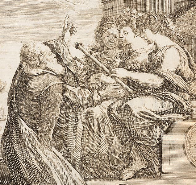 Galileo presenting his telescope to three muses, while pointing upward, detail of frontispiece to Galileo’s Opere (fourth image), center, (Linda Hall Library)