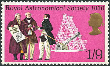 Postage stamp, Great Britain, 1970, honoring the founding of the Royal Astronomical Society, featuring Francis Baily between William and John Herschel (ianridpath.com)