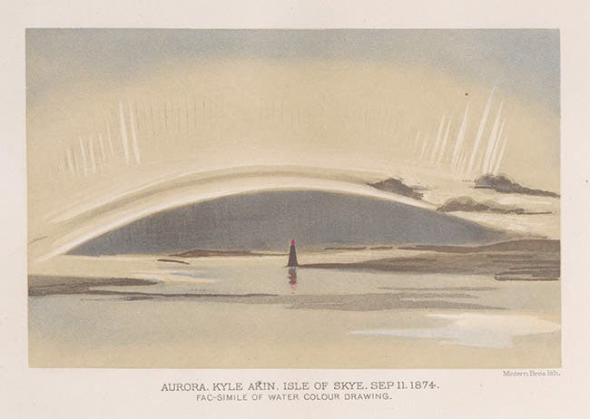 “Aurora. Kyle Akin. Isle of Skye. 1874,” chromolithodraph after watercolor, in John Rand Capron, Aurorae and their Spectra, 1879 (Linda Hall Library)
