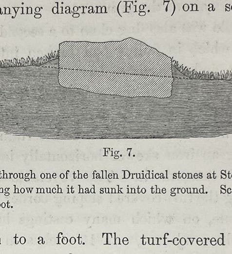 Stone at Stonehenge, partly sunk into the ground, wood engraving in The Formation of Vegetable Mould, through the Action of Worms, by Charles Darwin, p. 156, 1881 (Linda Hall Library)