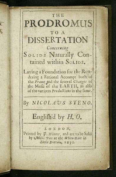 Title page, Prodromus to a Dissertation Concerning Solids Naturally Contained within Solids, by Nicolaus Steno, transl. by H.O. [Henry Oldenburg], 1671 (Linda Hall Library)