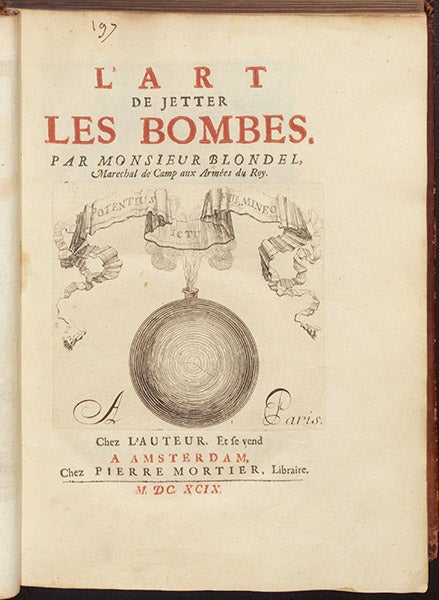 Title page, François Blondel, L'art de jetter les bombes, 1699 (Linda Hall Library)