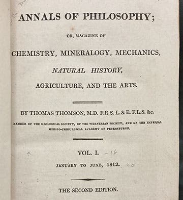 First page of first volume, Annals of Philosophy, or Magazine of Chemistry, founded and edited by Thomas Thomson, 1813-1820 (Linda Hall Library)