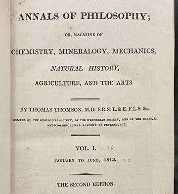 First page of first volume, Annals of Philosophy, or Magazine of Chemistry, founded and edited by Thomas Thomson, 1813-1820 (Linda Hall Library)