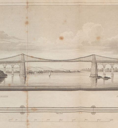The Menai Suspension Bridge, designed and built by Thomas Telford, engraved frontispiece, slightly cropped, after a drawing by T.G. Cumming, in Description of the Iron Bridges of Suspension Now Erecting over the Strait of Menai, at Bangor, and over the River Conway, in North Wales; with Two Views, by T.G. Cumming, Surveyor, 1824 (Linda Hall Library)