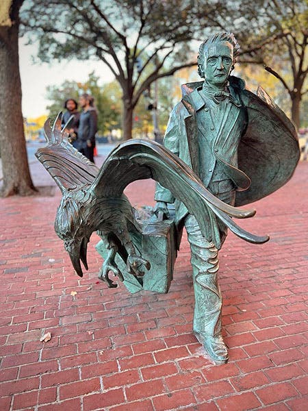 Sculpture of Edgar Allen Poe and the Raven, by Stefanie Rocknak, unveiled in Edgar Allan Poe Park in Boston, 2014 (Wikimedia commons)

