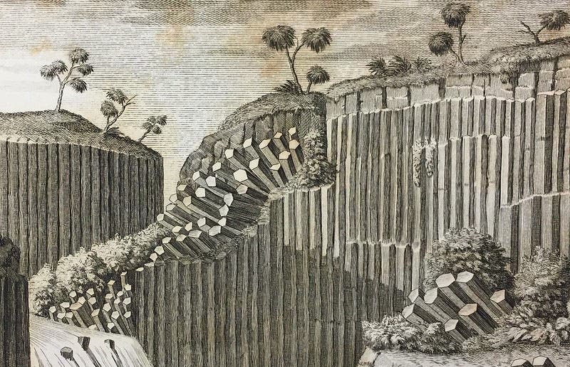 Formation of columnar basalt at Santa María Regla, Mexico, detail of engraving, in Scipione Breislak, Atlas geologique, 1818 (Linda Hall Library)