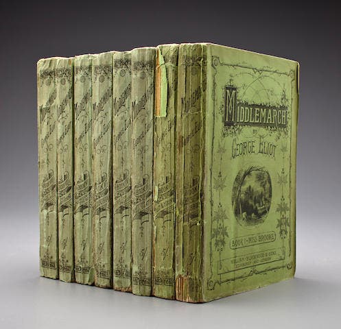 All 8 volumes of Middlemarch, by George Eliot, in their original paper wrapers, 1871-72, copy sold at auction at Bonhams, 2011 (bonhams.com)