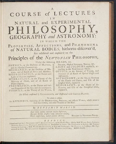 Title page, A Course of Lectures in Natural and Experimental Philosophy, by Benjamin Martin, 1743 (Linda Hall Library)
