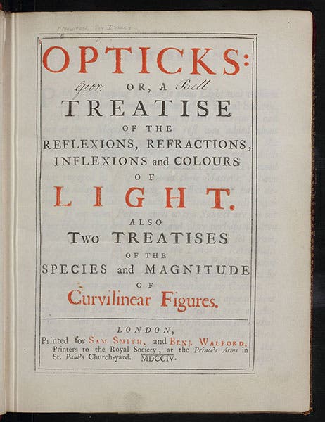 Title page, Isaac Newton, Opticks, 1704 (Linda Hall Library)