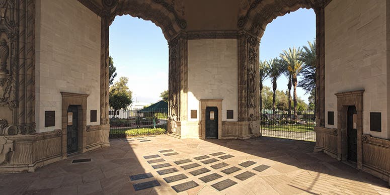 Interior of the Portal of the Folded Wings Shrine to Aviation, Burbank, Ca., showing floor and wall plaques; 14 early aviators are buried here, and one aircraft mechanic, Charlie Taylor (Wikimedia commons)