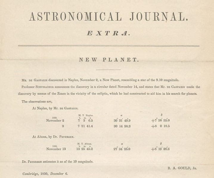 Announcement of the discovery of minor planet 13 Egeria by Annibale de Gasparis, Nov. 2, 1850, in an Astronomical Journal “Extra,” vol. 1, Dec. 6, 1850 (Linda Hall Library).