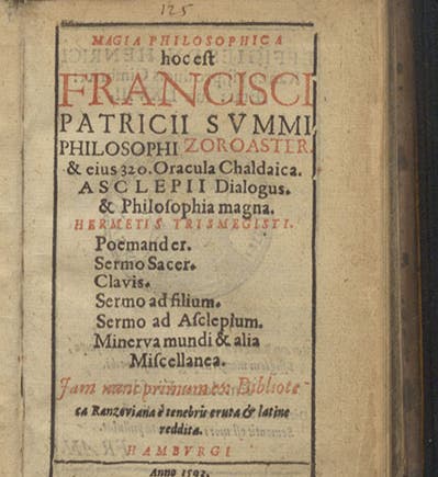 Title page, <i>Magia philosophica</i>, by Francesco Patrizi, 1593 (Linda Hall Library)