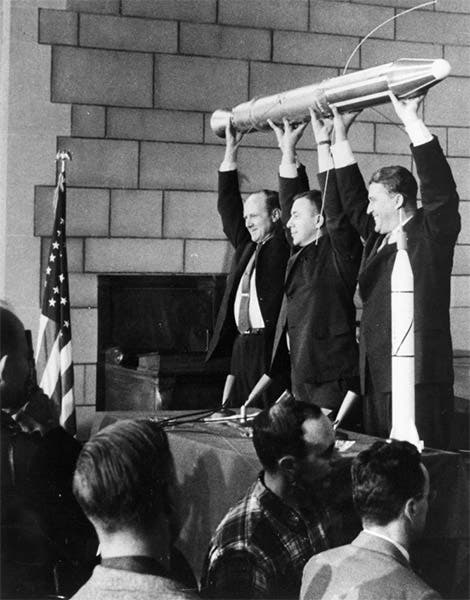 Wernher von Braun (right) with William Pickering and James van Allen, holding a replica of Explorer 1 that was rocketed into orbit on Jan. 31, 1958, NASA photograph (nasa.gov)