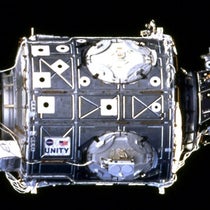 International Space Station (ISS) module Unity, photo taken by the crew of STS-88, Dec. 5, 1998, before Unity was mated to the Russian module Zarya, NASA photo (Wikimedia commons)