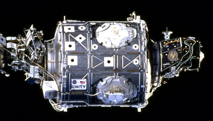 International Space Station (ISS) module Unity, photo taken by the crew of STS-88, Dec. 5, 1998, before Unity was mated to the Russian module Zarya, NASA photo (Wikimedia commons)