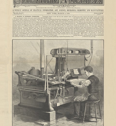 Front page of <i>Scientific American</i>, Mar. 9, 1889, showing Linotype machine in use at the New York Tribune (skyscraper.org)