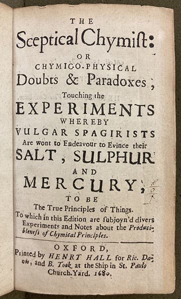 Title page of The Sceptical Chymist, 2nd ed., by Robert Boyle, 1680 (Linda Hall Library)
