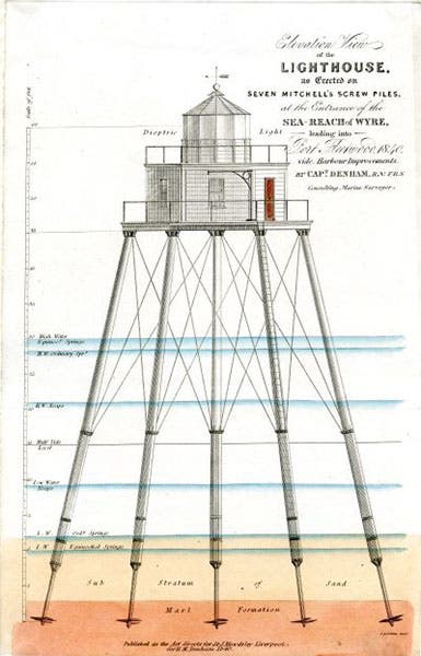 Wyre Light, Fleetwood, Lancashire, screw-pile lighthouse designed and built by Alexander Mitchell, begun in 1839, first light in June 1840, elevation drawing with coloring added later (Wikimedia commons)