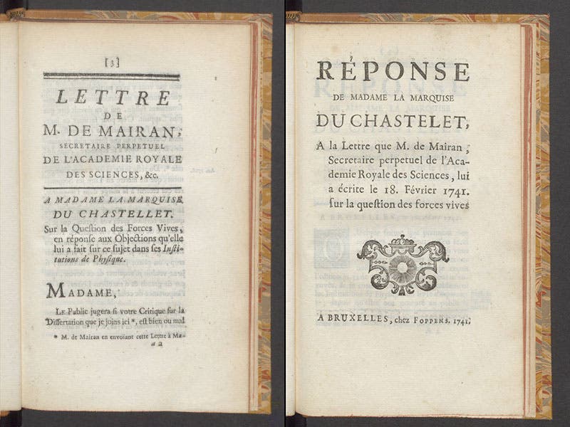 Title pages of d’Ortous de Mairan’s Lettre … a Madame la Marquise du Chastellet (left) and Émilie du Châtelet’s Réponse, 1741 (Linda Hall Library)