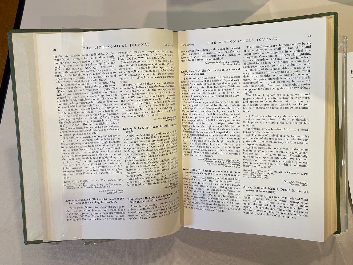 Photo of journal containing writing by Frank Kameny, “Photoelectric colors of RV Tauri and yellow semiregular variables.” Astronomical Journal. New Haven, 1957.