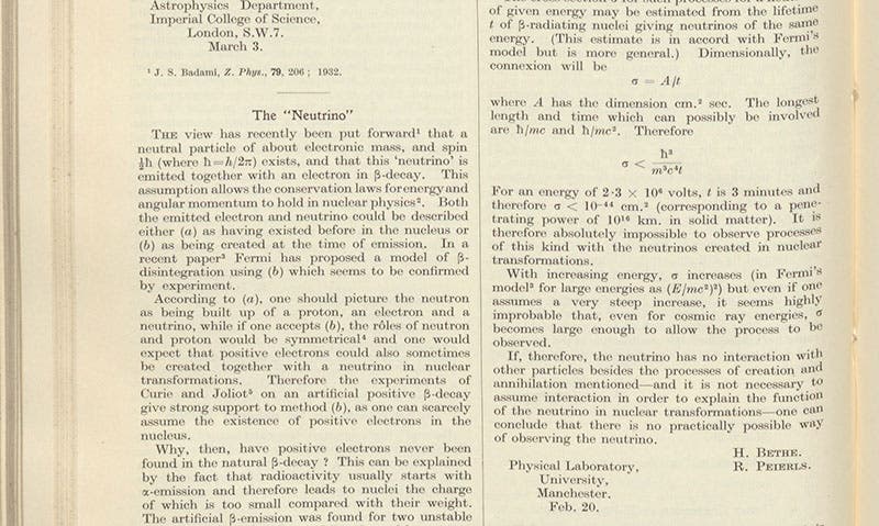 Detail of “The Neutrino,” a paper by Hans Bethe and Rudolph Peierls, Nature, vol. 133, 1934; note the strong final paragraph (Linda Hall Library)