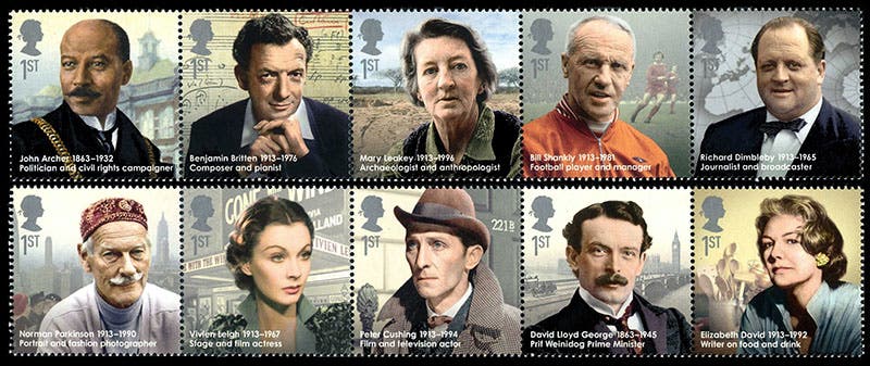 Great Britons postage stamp series, 2013, issued by the Royal Mail in Great Britain; Mary Leaky is at top center (paleophilatlie.eu)