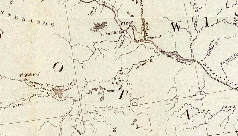 Minnesota River Valley and St. Paul, detail of G.K. Warren, Map of the Territory of the United States, 1861 (David Rumsey Map Collection)
