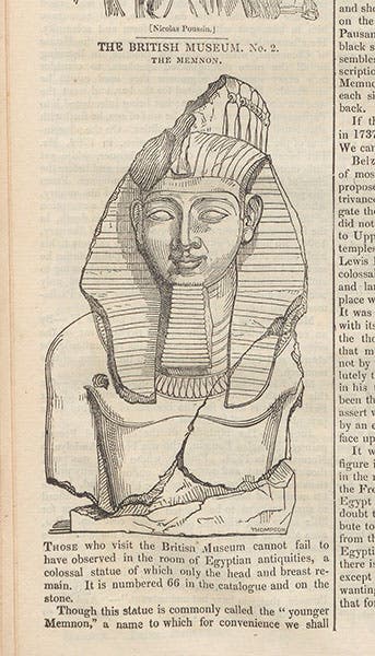 “The Younger Memnon,” woodcut illustrating an article on the statue retrieved by Giovanni Belzoni for the British Museum, The Penny Magazine, vol. 1, 1832 (Linda Hall Library)