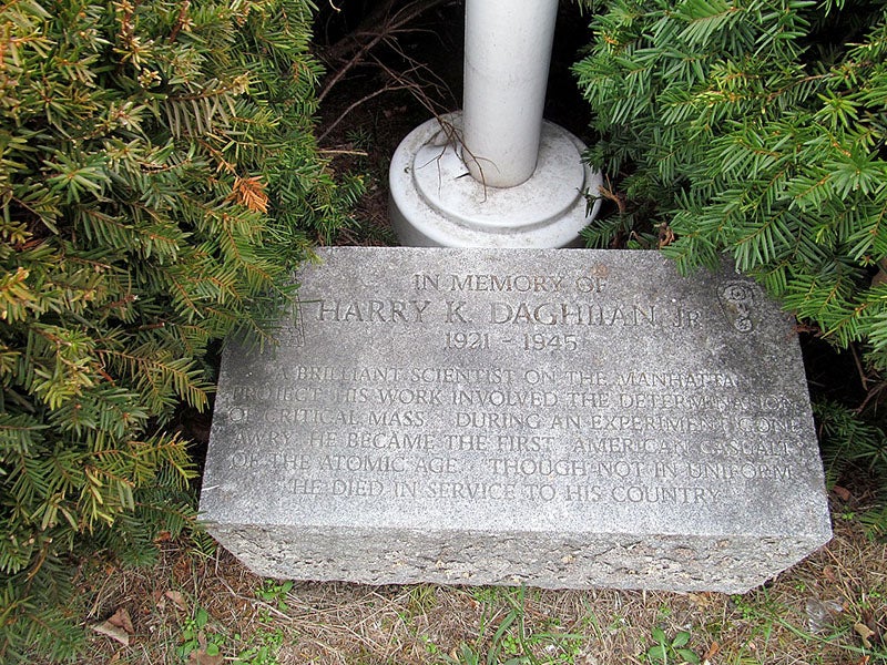 Memorial stone for Harry Daghlian, put in place at a ceremony in Caulkins Park, New London, 2000 (Wikimedia commons)