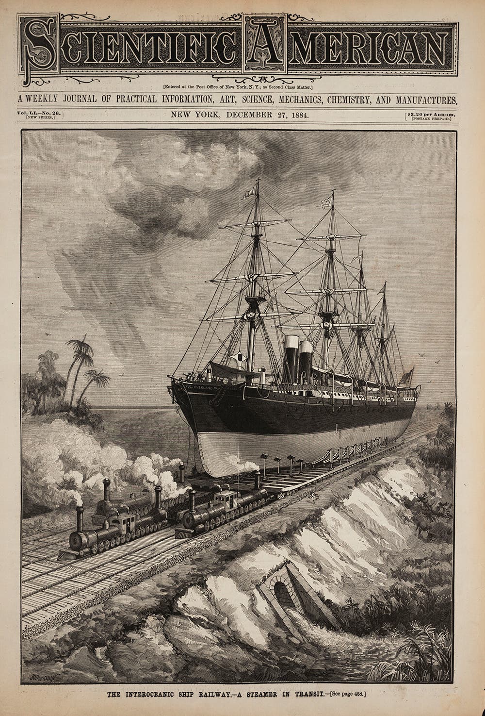 A steamer in transit across the Isthmus of Tehuantepec in Mexico, as proposed by James B. Eads. From Scientific American, December 27, 1884.