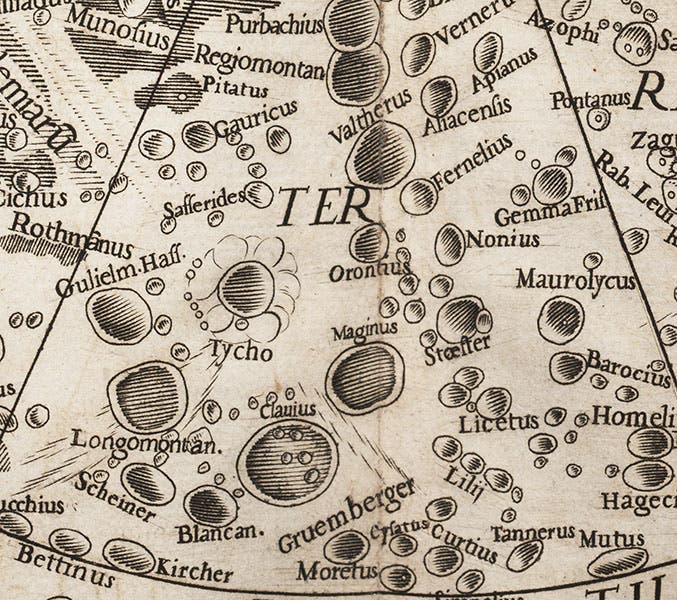 The lunar crater Tycho, with craters to the south all named after Jesuit scientist, detail of second image (Linda Hall Library)