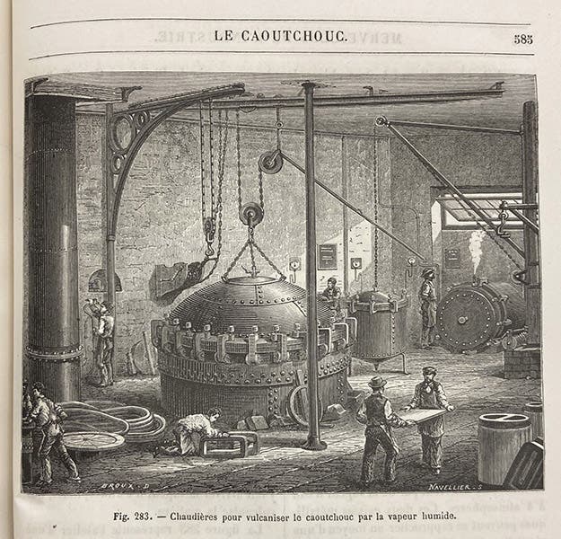 Vulcanization on an industrial scale, wood engraving, Les merveilles de l'industrie, by Louis Figuier, vol. 2, p. 585, 1873-77 (Linda Hall Library)