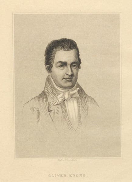 Portrait of Oliver Evans, engraved by W. G. Jackman, frontispiece to Greville and Dorothy Bathe, Oliver Evans: A Chronicle of Early American Engineering, 1935 (Linda Hall Library)