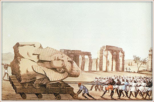 Belzoni’s crew moving the head of the Younger Memnon in Thebes, watercolor or pastel, 19th century (onelondonone.net blog)
