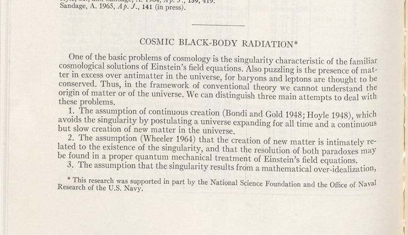 First page of paper by Robert Dicke et al., predicting a residual cosmic background radiation with a temperature of 3.5° K, Astrophysical Journal, vol. 142, 1965 (Linda Hall Library)