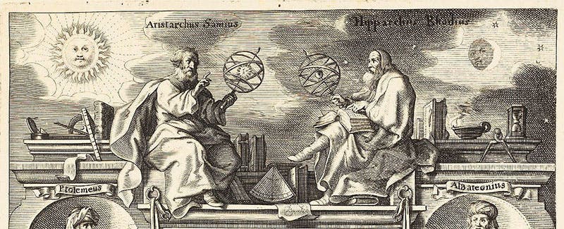 Aristarchus with sun-centered armillary sphere, admonishing the geocenic astronomer Hipparchus, detail of engraved title page, Tabulae motuum coelestium, by Philippe van Lansbege, 1632 (Linda Hall Library)