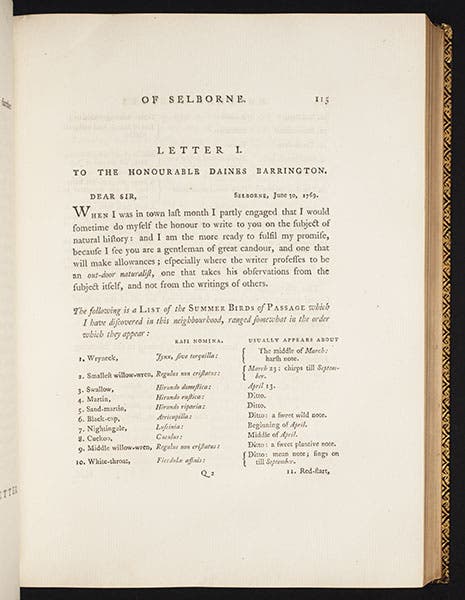 First page of a letter from Gilbert White to Daines Barrington, as printed in The Natural History of Selborne, 1789 (Linda Hall Library)