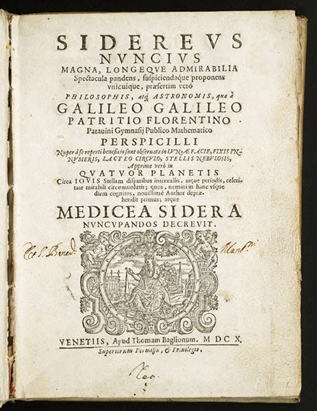 Title page, giving the name “Medicea sidera” (“Medicean stars”) to the four newly discovered satellites of Jupiter, Galileo Galilei, Sidereus nuncius, 1610, Venice ed. (Linda Hall Library)