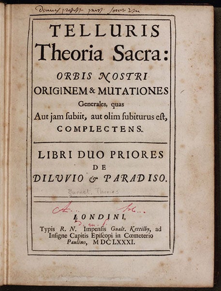 Title page, Thomas Burnet, Telluris theoria sacra, 1681 (Linda Hall Library)
