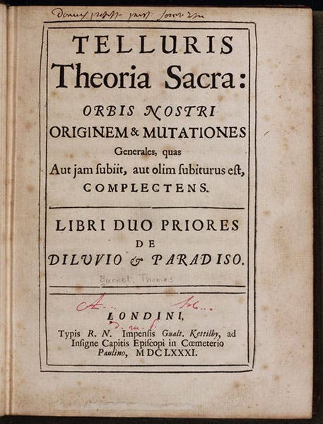 Title page, Thomas Burnet, Telluris theoria sacra, 1681 (Linda Hall Library)