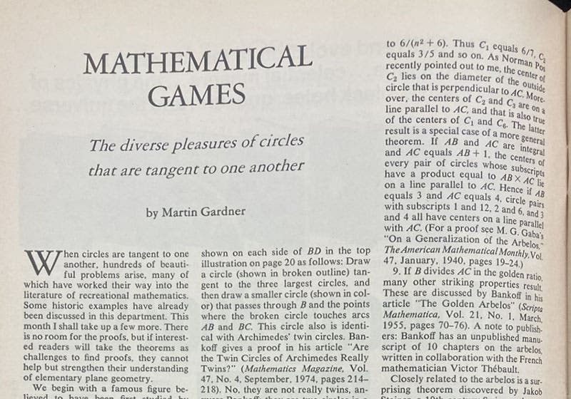 Beginning of the column “The divese pleasures of circles that are tangent to one another,” by Martin Gardner, Scientific American, January 1979, p. 18 (author’s collection)